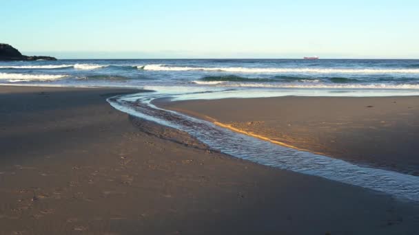 Ruisseau coule vers l'océan sur une plage de sable déserte. — Video