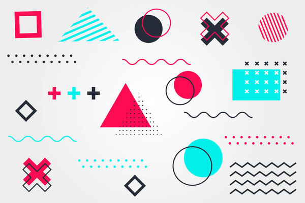 Набор геометрических фигур. Memphis design, retro elements for web, vintage, advertisement, commercial banner, poster, leaflet, billboard, sale. Коллекция модных полутоновых геометрических форм
