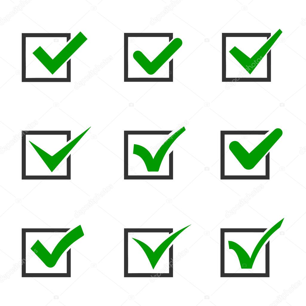 Checkmark or tick mark collection set. Acceptance, approval, right choice, correct selection, true option, positive answer, saying yes, , confirmation concept. Vector illustration isolated on white NEW