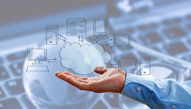 İşadamı ve bulut bilgisayar, teknoloji bağlantısı kavramı