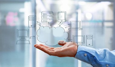 İşadamı ve bulut bilgisayar, teknoloji bağlantısı kavramı