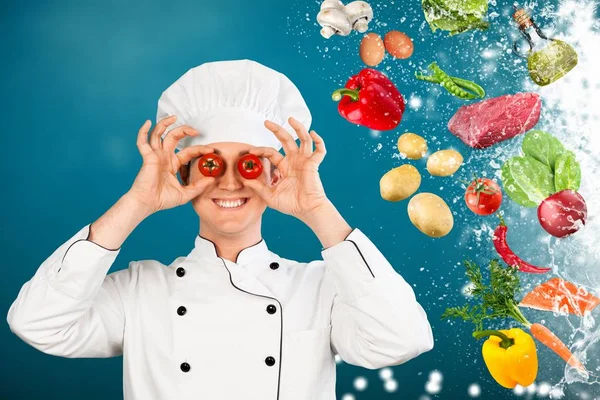 Chef Professionista Cappello Bianco Con Pomodori Mano — Foto Stock
