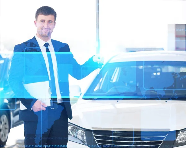 Knappe Lachende Auto Dealer Portret — Stockfoto