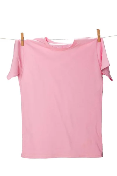 Branco Cor Rosa Shirt Pendurada Varal — Fotografia de Stock