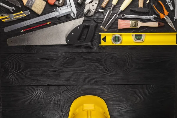 Construction Tools Helmet Wooden Background — Stock Photo, Image