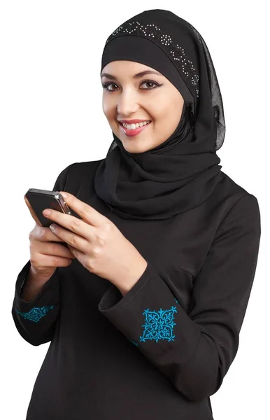 Junge muslimische Frau in der Hand eines Telefons — Stockfoto