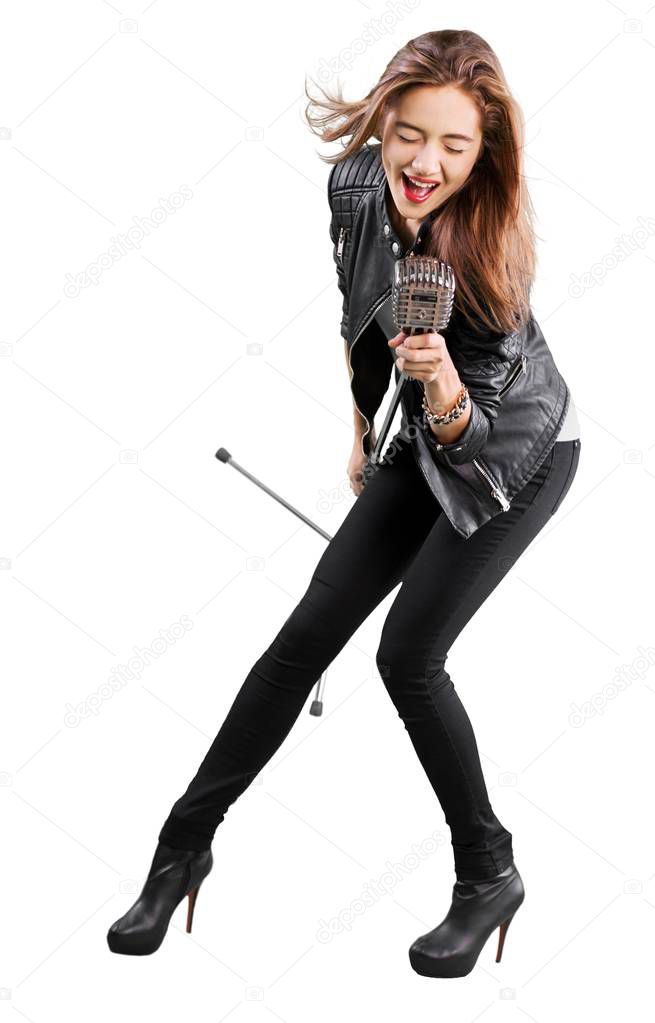 Female Rockstar Singing With Retro Vintage Microphone