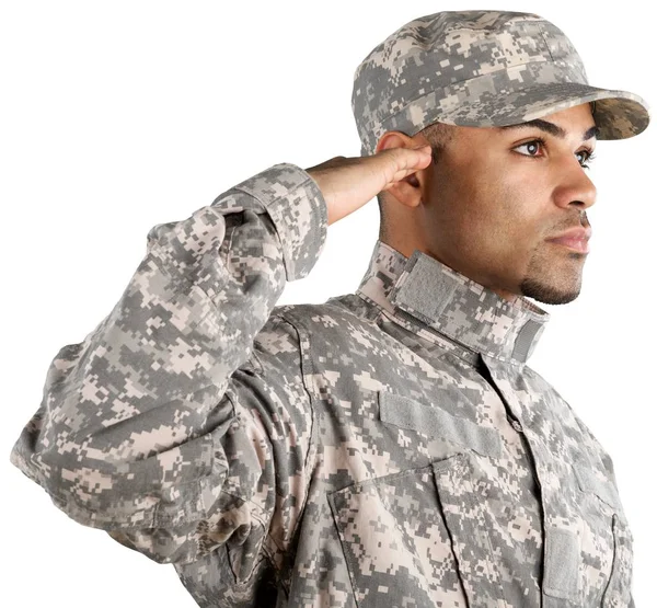 Soldat i uniformt hilsen – stockfoto