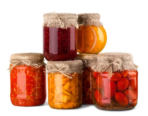 Jars Canned Vegetables Jams White Background — Stock Photo, Image