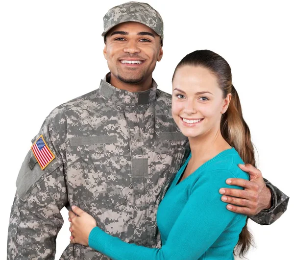 Soldado abraçando a esposa — Fotografia de Stock