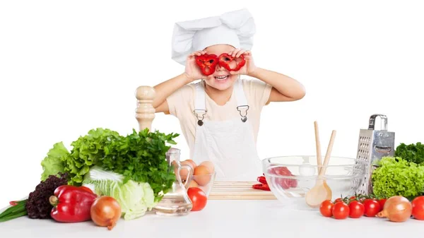 Chef menina cozinhando isolado — Fotografia de Stock