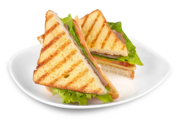 Grilled Halves Sandwiches White Plate — Stock Photo, Image