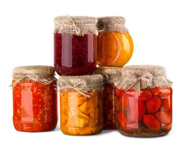 Jars Canned Vegetables Jams White Background Stock Picture