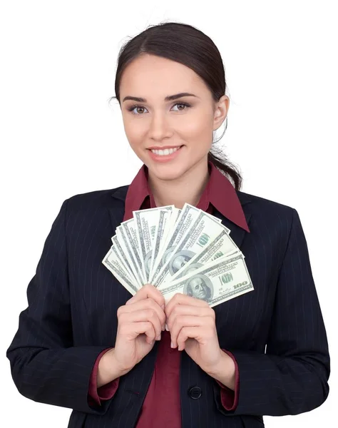 Affärskvinna hålla pengar - isolerade — Stockfoto