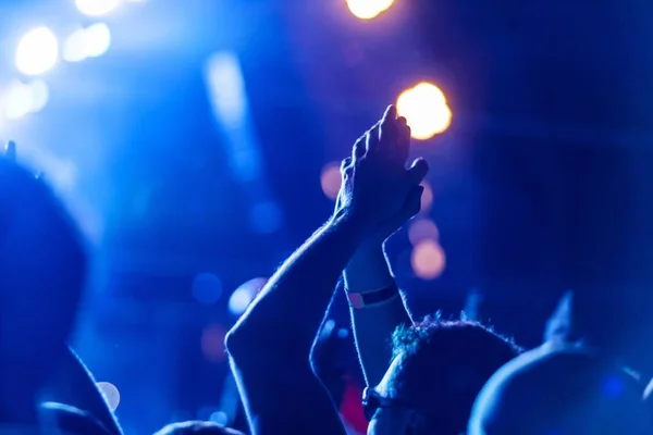 Konzertbesucher mit Bühnenbeleuchtung im Hintergrund — Stockfoto