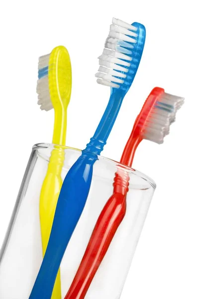 Nouvelles Brosses Dents Colorées Verre Vue Rapprochée — Photo