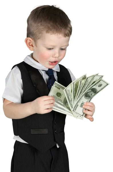 Pequeño niño sosteniendo ventilador de dólar - Aislado — Foto de Stock