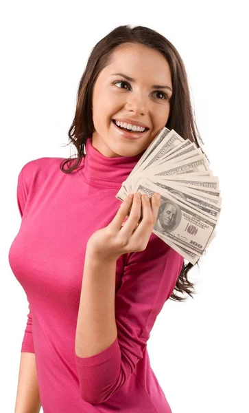 Morena feminina segurando fanned dinheiro — Fotografia de Stock