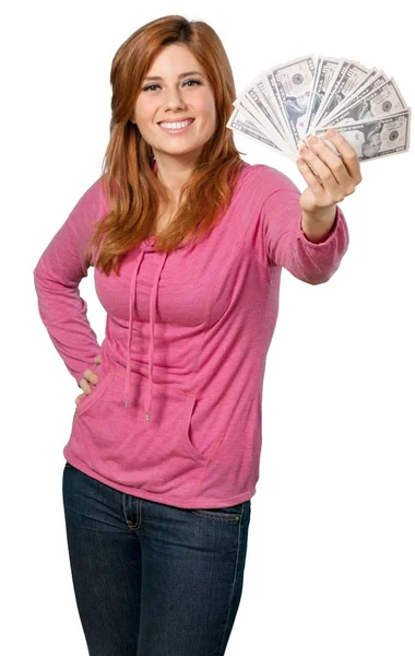 保持している赤毛の女性が現金を煽られる — ストック写真