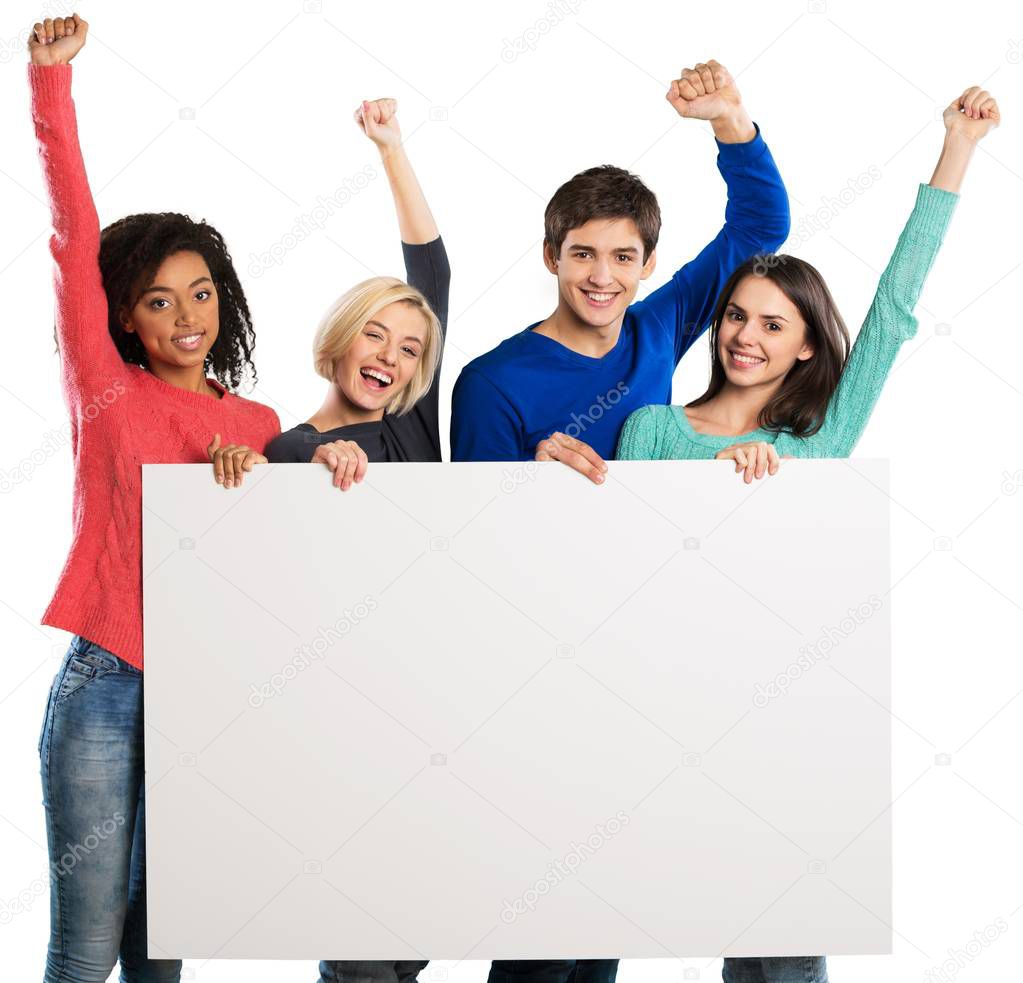 Happy Teenagers Holding a Blank Banner Isolated