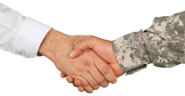 Солдат и предприниматель пожимают друг другу руки — стоковое фото