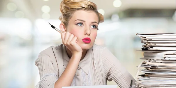 Tired Businesswoman Stack Documents — Stock Photo, Image