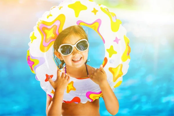 Beautiful Little Girl Swimming Ring Beach — Stock Photo, Image