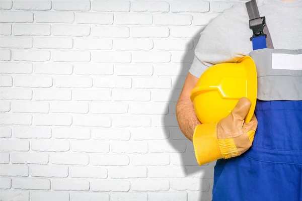 Trabalhador Homem Com Capacete Fundo Borrado — Fotografia de Stock