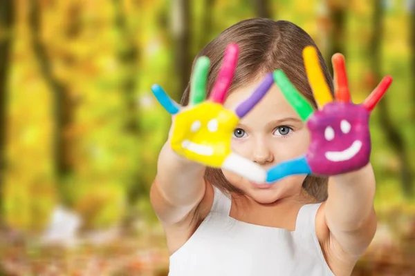 Cute Little Girl Colorful Painted Hands Background — Stock Photo, Image