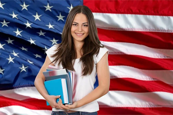 Young Female Student Books Usa Flag — Stock Photo, Image