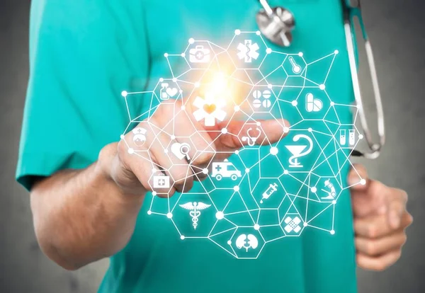 Doctor Touching Blockchain Healthcare Icons — Stock Photo, Image