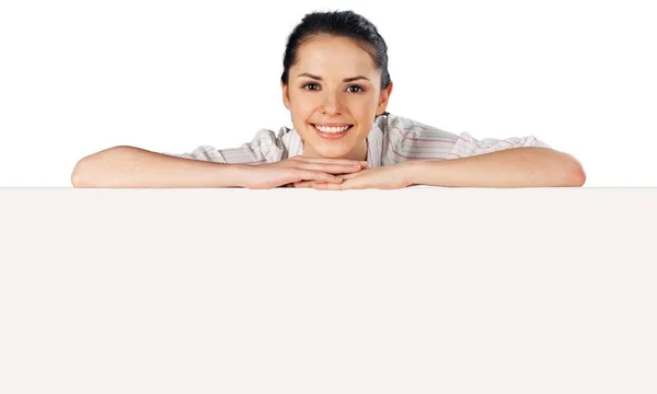 Woman Smiling Holding Blank Billboard — Stock Photo, Image