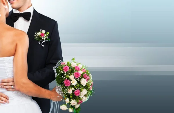 Het Huwelijk Van Bruid Bruidegom Paar Trouwring Boeket Bloemen — Stockfoto