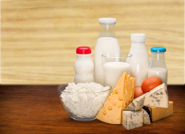 Dairy Products Collection Wooden Table — Stock Photo, Image