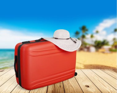 Hasır şapka üzerinde arka izole bavulla 