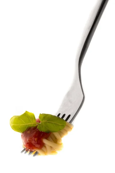 Spaghetti na widelcu z sosem pomidorowym i bazylią — Zdjęcie stockowe