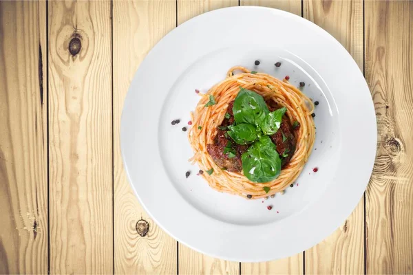 Vista Perto Macarrão Espaguete Com Carne — Fotografia de Stock