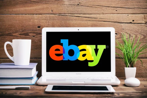 Marka Web Sayfasında Görünen Açıklayıcı Içerik Dizüstü Ebay Portföy Mockup — Stok fotoğraf