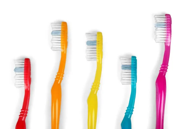 Yeni Renkli Diş Fırçaları Cam Yakın Çekim Görüntülemek — Stok fotoğraf
