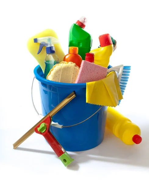 House Cleaning Equipment and Supplies in Bucket — Stock Photo, Image