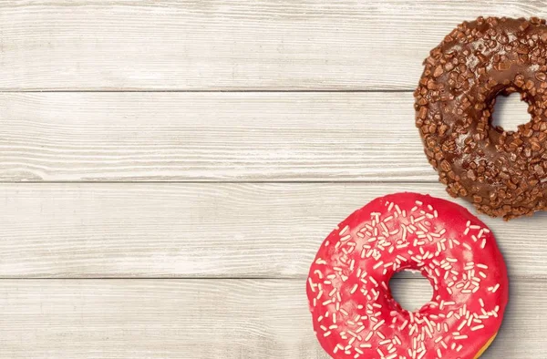 Different Assorted Donuts Isolated Wooden Background — Stock Photo, Image