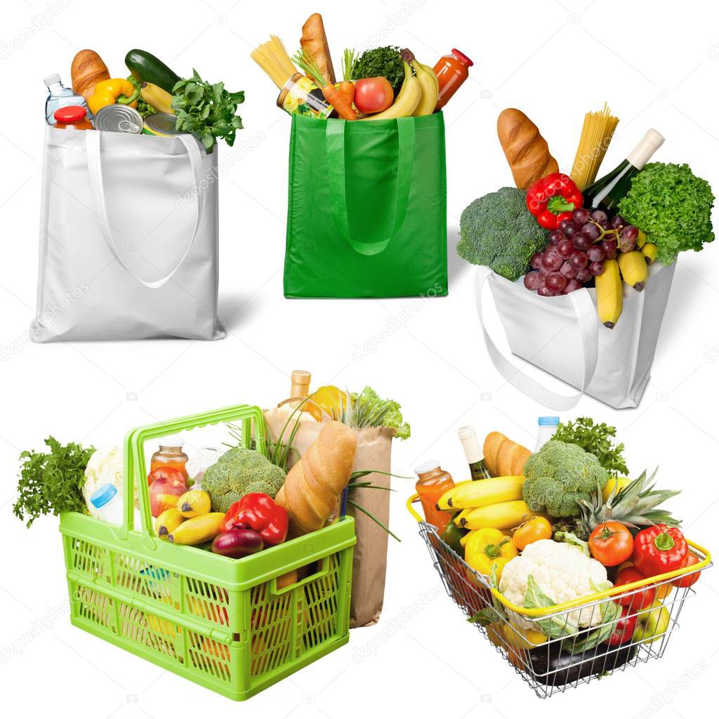 Shopping full basket bags self service green yellow