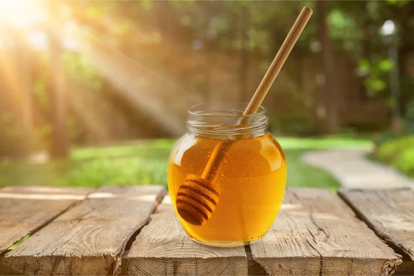 Honey Glass Jar Honey Dipper — Stock Photo, Image