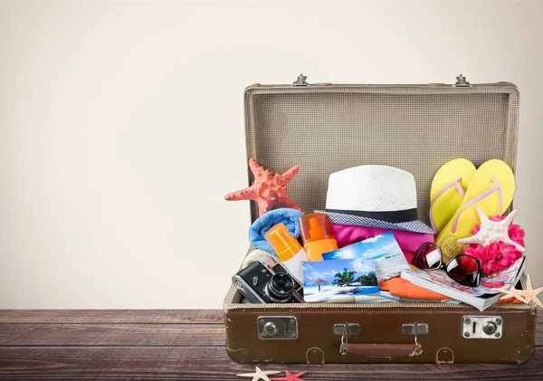 Retro Suitcase Travel Objects Wooden Background — Stock Photo, Image