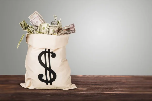 Bag Full Money Wooden Background — Stock Photo, Image
