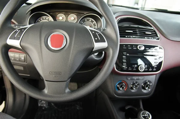 Carro Interior Painel Controle Volante Close Carro Preto Mudança Velocidades — Fotografia de Stock