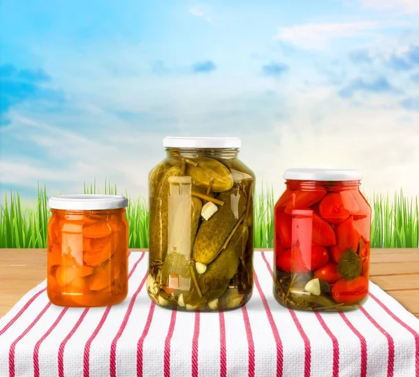 Jars Canned Vegetables Table — Stock Photo, Image