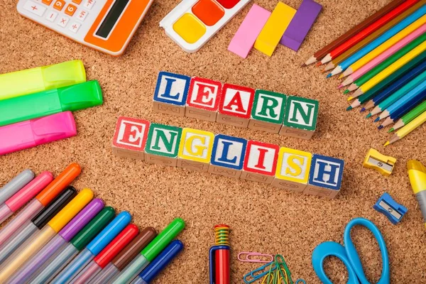 Školní Pomůcky Naučit Koncept Anglicky Cizí Jazyk Učit Nad Abeceda — Stock fotografie