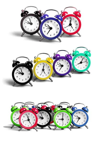 Muchos Relojes Alarma Aislados Sobre Fondo Blanco —  Fotos de Stock