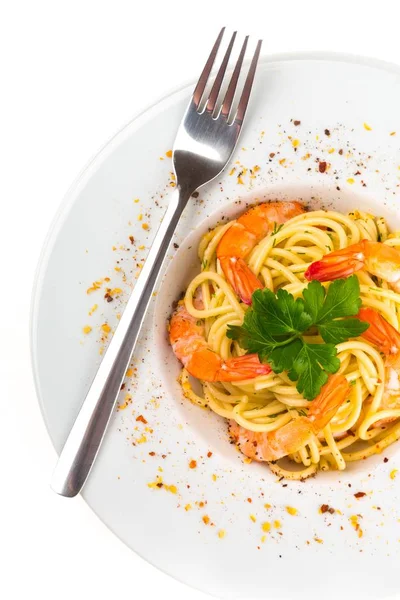 Макарони Спагетті Креветками Зменшеному Вигляді — стокове фото